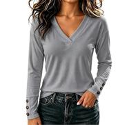 Haut à manches longues pour femme avec boutons et col en V | T-shirt extensible de couleur unie, tendance, confortable, séchage rapide, doux, vacances, voyage, escapade en ville, travail