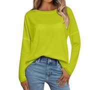 Haut à manches longues pour femme, col rond, léger, décontracté, basique classique, uni, coupe ample, Chartreuse, M