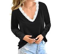 Haut à manches longues pour femme - Couleur unie - Col en V - Dentelle - Décontracté - Tunique formelle - T-shirt décontracté à manches longues - Tunique ample - Col en V - Dentelle - Épissage,