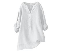 Haut à manches longues pour femme en coton et lin Henley col en V demi-bouton uni chemisier d'été grande taille respirant t-shirt élégant pull de plage décontracté tunique chemise, 4 x blancs, 48