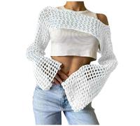 Haut à manches longues Y2K Crop Tops Crochet Châle transparent Boléro en tricot Boléro Pull Bikini Cover Ups