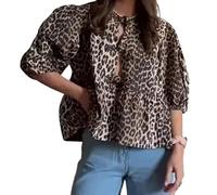 Haut à nouer sur le devant pour femme - Imprimé léopard - Haut péplum à manches bouffantes - Haut coquette à manches 3/4 - Joli haut d'été, léopard, Taille L