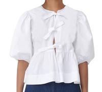 Haut à nouer sur le devant pour femme - Imprimé léopard - Haut péplum à manches bouffantes - Haut coquette à manches 3/4 - Joli haut d'été, blanc, Taille M