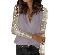 Haut A Paillette pour Femme Col en V Tee Shirt Paillette Femme Disco T-Shirt Chic Pétillant Tshirt Assembler Top Ample Tee Shirt Manche Longue 2025 Nouveau T-Shirt Tshirt De Bal Carnaval Haut