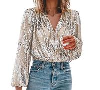 Haut à paillettes pour femme - À manches longues - Tendance - Décontracté - Brillant - T-shirt à manches longues - Coupe ajustée - Col en V - Paillettes - Pour femme - Doré, argenté, M