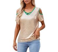 Haut à paillettes pour femme avec col en V et épaules dénudées - Haut à paillettes sexy à manches courtes avec strass - Haut festif - Tissu stretch doux et respirant - Pour le carnaval, 04#_kaki, L