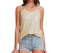 Haut à paillettes pour femme - Tenue de Nouvel An sexy sans manches - Brillant - Haut à paillettes - Couleur unie - Paillettes - Haut festif - Chemise brillante - Col en V - Gilet de carnaval, O beige