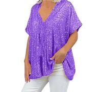 Haut à Paillettes pour Femmes Manches Courtes- Top Sexy Col en V-Haut Grande Taille Chic Et Elegant Lâche Décontracté Tunique Classique Tenue des AnnéEs 80 Le Carnaval FêTe ThèMe Festival