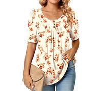 Haut à pois pour femme - Grande taille - Bouton - Col en V - Plissé - Décontracté - Mode - Manches courtes - Basique - Tunique ample - Haut (Orange/5XL), Orange, 5XL