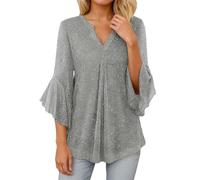 Haut ample et tendance à manches trois-quarts, orné d'un empiècement en résille et d'un motif pétale. Blouse décontractée idéale quotidien, confortable et respirante, style t-shirt (Grey, XXL)