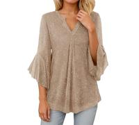 Haut ample et tendance à manches trois-quarts, orné d'un empiècement en résille et d'un motif pétale. Blouse décontractée idéale quotidien, confortable et respirante, style t-shirt élégant. (Khaki, L)