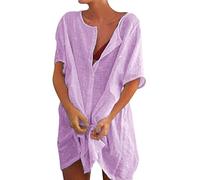 Haut ample mi-long en lin pour femme - Chemisier à manches courtes pour leggings - Couleur unie - T-shirts ajustés - Hauts de printemps 2026 - Tendance - Décontracté - Tendance - Sortie 2026, violet
