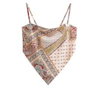 Haut bandana bohème en satin imprimé cachemire pour femme avec ourlet mouchoir à nouer dans le dos et bretelles spaghetti réglables dos nu, Rouge multicolore., Taille S