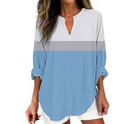 Haut bohème pour femme en coton et lin - Col en V - Manches 3/4 enroulable - Uni - T-shirt d'été en coton à manches longues - Haut surdimensionné bohème pour sortir, vacances, bureau, quotidien, bleu