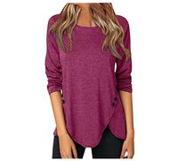 Haut Boutonné sur Le Côté, Femme T-Shirt à Manches Longues Col Rond Couleur Unie Élégant Chic, 2021 Mode Tunique Blouse Chemises Décontractées Ample Grande Taille Pas Cher pour Femmes