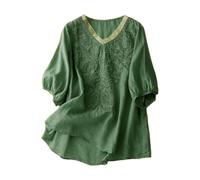 Haut brodé floral en coton et lin - Style ethnique bohème - T-shirt à manches 3/4 - Col en V - T-shirt à manches athlétiques, Vert-g, 3XL