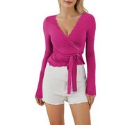 Haut cache-cœur à manches longues Y2K pour femme - Col en V - Coupe ajustée - Coupe ajustée - Haut court basique pour Pilates, yoga, entraînement, 04Rose Rouge, S