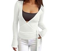 Haut Cache-CœUr Femme Manches Longues- Y2k Top Femme Sexy Tee Shirt Col en V Profond avec NœUd sur Le Devant Tunique Moulant Pas Cher Slim Fit DéContracté pour EntraîNement Ballet Yoga Sport Gym
