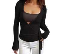 Haut Cache-CœUr Femme Manches Longues, Y2k Top Femme Sexy,Tee Shirt Col en V Profond avec NœUd sur Le Devant Tunique Moulant Couleur Unie Slim Fit DéContracté pour EntraîNement Ballet Yoga Sport Gym