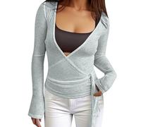 Haut Cache-CœUr Femme Manches Longues- Y2k Top Femme Sexy Tee Shirt Col en V Profond avec NœUd sur Le Devant Tunique Moulant Couleur Unie Slim Fit DéContracté pour EntraîNement Ballet Yoga Sport Gym