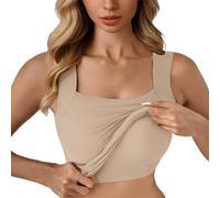 Haut caraco avec soutien-gorge intégré pour femme - Grande taille - Col en U - Débardeur extensible sans manches - Débardeur de sport - Pour l'été - Confortable - Doux et confortable - Solide, beige