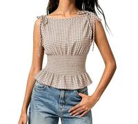 Haut court à carreaux pour femme avec taille froncée et ourlet à volants, ample et confortable, chemisier décontracté à carreaux, bretelles smockées à nouer, hauts d'été sans manches, O Kaki, XS