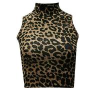 Haut court à col roulé pour femme - Imprimé uni - Sans manches - Extensible, Motif léopard Marron, 40-42