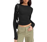 Haut Court à Manches Longues T-Shirt Col Rond à Manches Longues Coupe Classique Crop Tops Couleur T-Shirt Slim Fit Y2K Cropped Shirt (FR/ES, Alpha/Lettres, L, Taille Normale, Taille Normale, Noir)