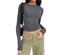 Haut Court à Manches Longues T-Shirt Col Rond à Manches Longues Coupe Classique Crop Tops Couleur T-Shirt Slim Fit Y2K Cropped Shirt (FR/ES, Alpha/Lettres, M, Taille Normale, Taille Normale, Gris)