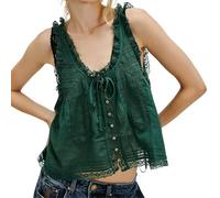 Haut court à nouer sur le devant avec bordure en dentelle pour femme, semi-transparent avec boutons à nouer sur le devant, chemise caraco sans manches, Vert, M