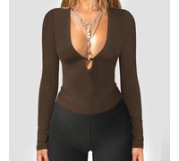 Haut court ajusté pour femme avec pull à manches longues et détails creux avec col en V profond pour un usage quotidien et décontracté (L café)