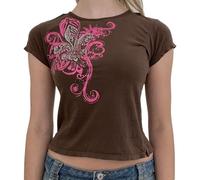 Haut court basique à manches courtes pour femme - Coupe ajustée - Imprimé lettre - Col rond - Joli t-shirt, Marron-4., L