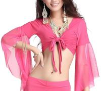 Haut court de danse manches évasées pour femme, haut cache-cœur col en V et manches 3/4 en tulle, chemise lacets bretelles pour danse du ventre tribale, chemisier pompons nouer soi-même for festival