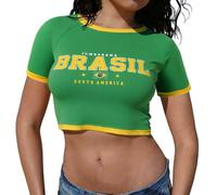 Haut court de sport Y2K pour femme - Col rond - Manches courtes - Été - Brésil - Ventre nu - Pour adolescentes et filles - Vintage - Uniformes de pom-pom girl - Respirant - Vêtement de sport