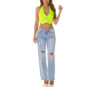 Haut court dos nu en latex avec boutons et col en V, vert fluo, S