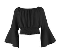 Haut court froncé à épaules dénudées pour fille - Manches lanterne - Style bohème - Renaissance - Chemisier paysan - Tunique pirate bohème solide, K03 Noir, 11 ans