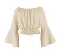 Haut court froncé à épaules dénudées pour fille - Manches lanterne - Style bohème - Renaissance - Chemisier paysan - Tunique pirate bohème solide, K03 Beige, 14 ans
