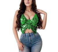 Haut Court Papillon à Paillettes Femme Camisole Haut de Crop Top pour Danse du Ventre Butterfly Sequin Halter Tops Costume de Gilet sans Manche à Tube Arrière à Lanière Haut Carnaval Fête Costumes
