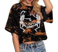Haut court pour femme avec squelettes dansants - T-shirt batik avec motif d'Halloween | Haut décontracté avec inscription Spooky pour les fêtes et les festivals, Style_c01 Noir, M