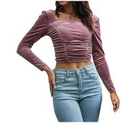 Haut court pour femmes et filles à manches longues tendance en velours col carré chemise sexy smockée froncée Y2k t-shirt d'automne chemisier, rose, M