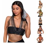 Haut court sexy en maille avec strass pour femme - Cache-maillot court en résille avec capuche et bandeau transparent pour femme, Noir , S