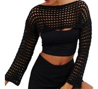 Haut Court Y2K Pull Plage Femme Tricot Creux Cardigan - Noir Creux - L