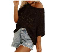 Haut Crochet Femme Sexy Hollow Out Col Rond Manches Courtes Tricot Pull Décontracté Léger Respirant D'été Pull Femme Grande Taille Ample Sweat pour la Plage, Vacances, Quotidien