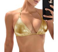 Haut de bikini métallique pour femme - Dos nu brillant triangle Bralette Rave Tops Tie Side Bikini Bra, doré, Taille L
