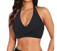 Haut de bikini pour femme - Col en V - Effet cache-cœur - Sous-vêtements croisés plissés - Lingerie de nuit sexy à lacets - Bralette - Bretelles larges - Couverture complète - Vêtement de plage, R