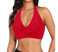 Haut de bikini pour femme - Col en V - Effet cache-cœur - Soutien-gorge croisé - Lacets - Bralette Push Up - Haut de sport sexy - Triangle - Dos nu - Couverture complète - Maillot de bain, R rouge., M