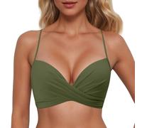 Haut de bikini pour femme - Push Up - Dos nu - Gros seins - Aspect cache-cœur - Dentelle - Col en V - Maillot de bain été plage, Vert armée., XL