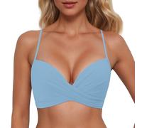 Haut de bikini pour femme - Push Up - Dos nu - Gros seins - Aspect cache-cœur - Dentelle - Col en V - Maillot de bain été plage, bleu clair, L