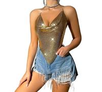 Haut De Club Pour Femmes Sexy À Dos Nu Avec Chaîne Métallique, Sequins Scintillants Et Col En Chaîne Métallique,Jaune,M