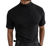 Haut de compression à col roulé pour homme 2026 - Coupe ample - Pour le sport et la gym - Coupe ample - Coupe ajustée - Décontracté - Col montant - T-shirt western à manches courtes pour homme, Noir